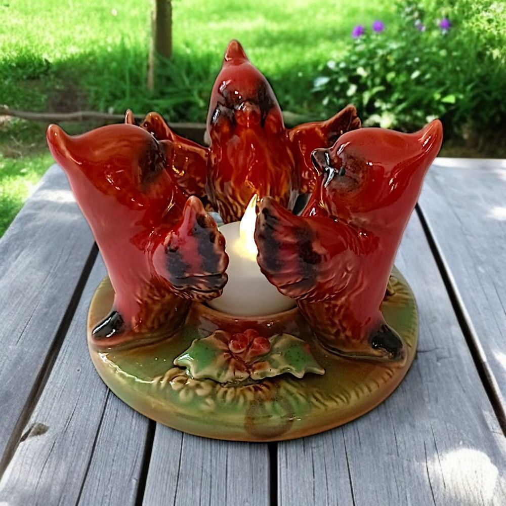Cardinal Ceramic Candle Holder Trio Circle Tea Light Votive Christmas Winter‎